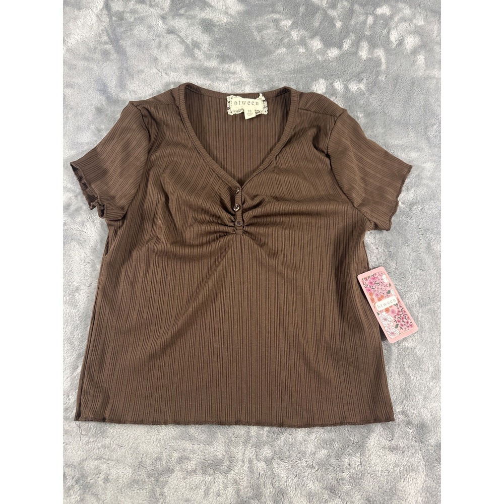 Btween Girls Brown‎ Ribbed Short Sleeve V-Neck Cinched Button Front Top Size 10